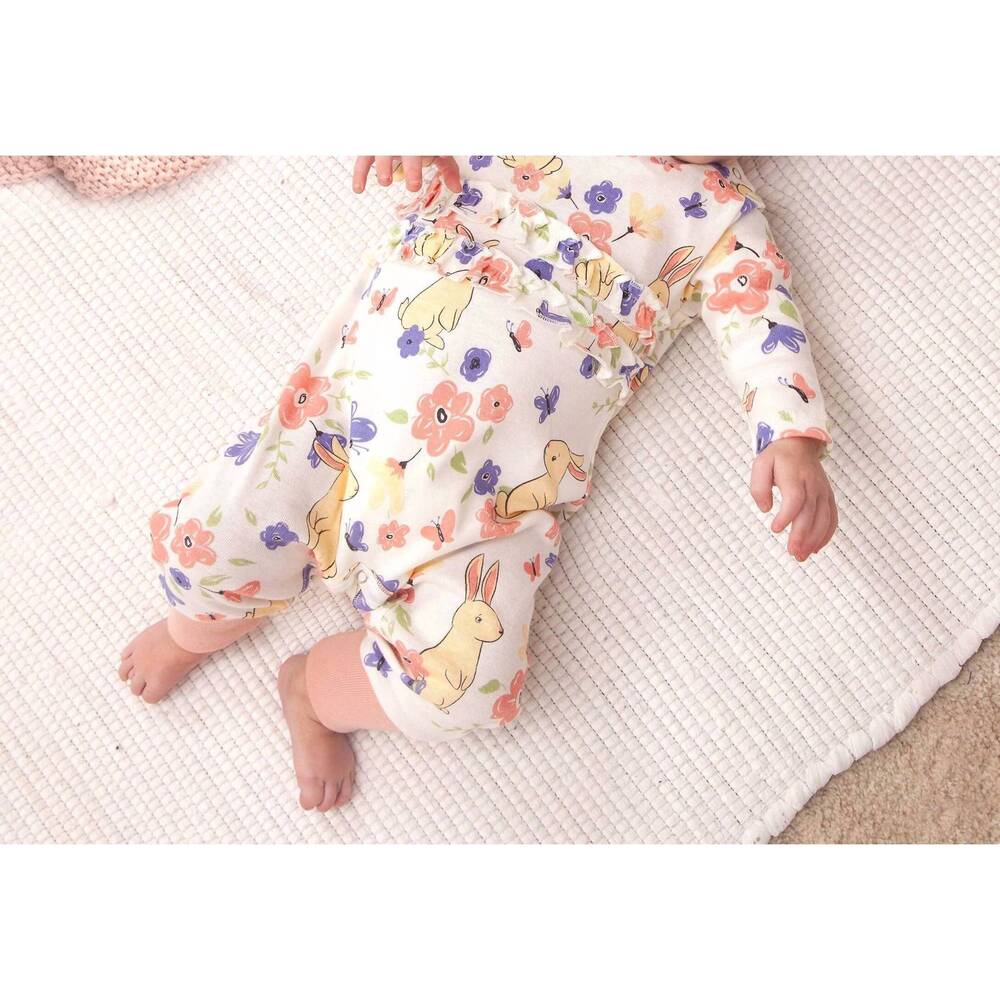 NEW TESA BABE "bunny garden" ruffle romper for newborns and baby girls in ivory/